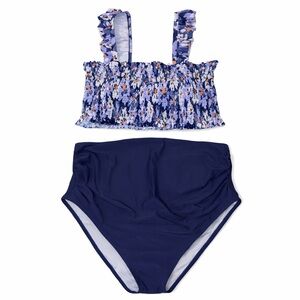 SummerMae Smocked Floral Bikini Set Navy Blue High Waisted Swimsuit L NWT